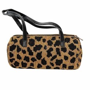 Vintage Beaded Leopard Print Barrel Bag Purse Double Handles